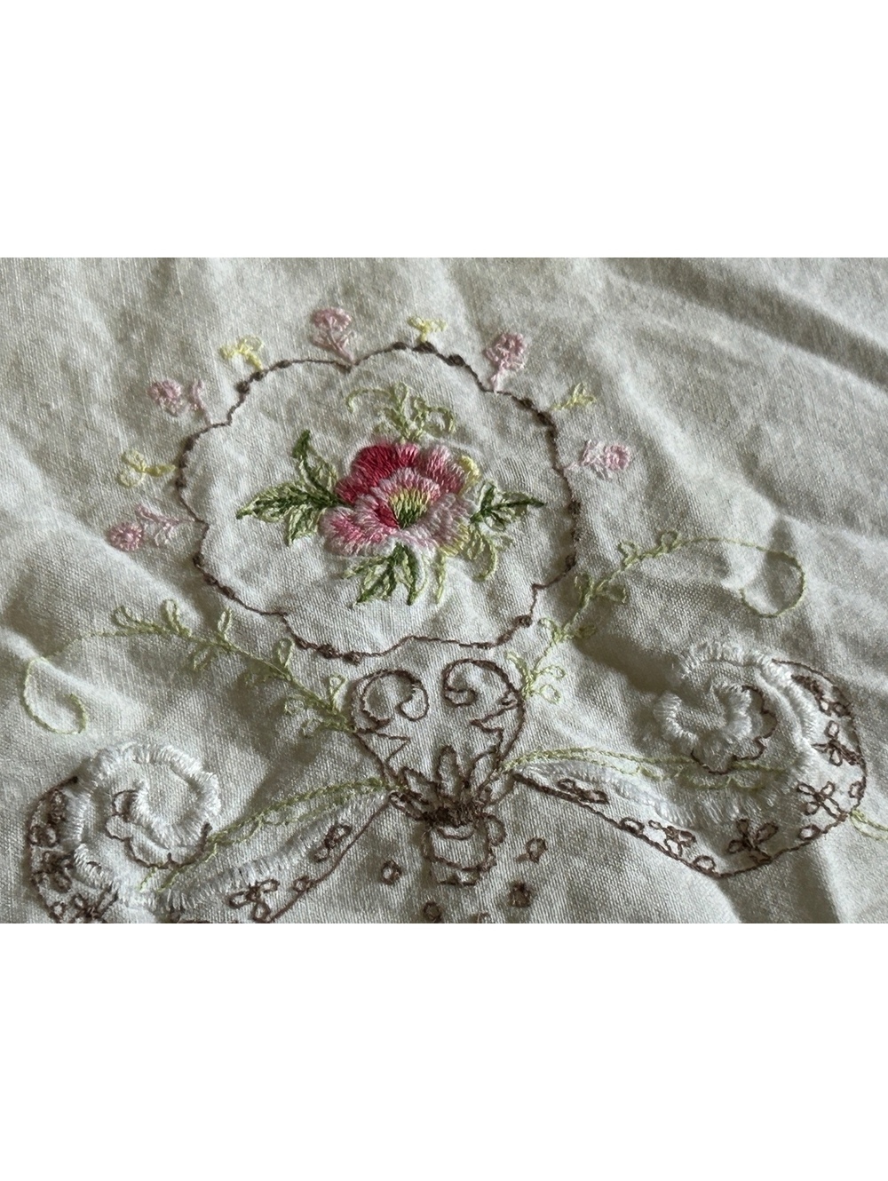 Vintage Embroidered White Linen Tea Towel with Floral Design